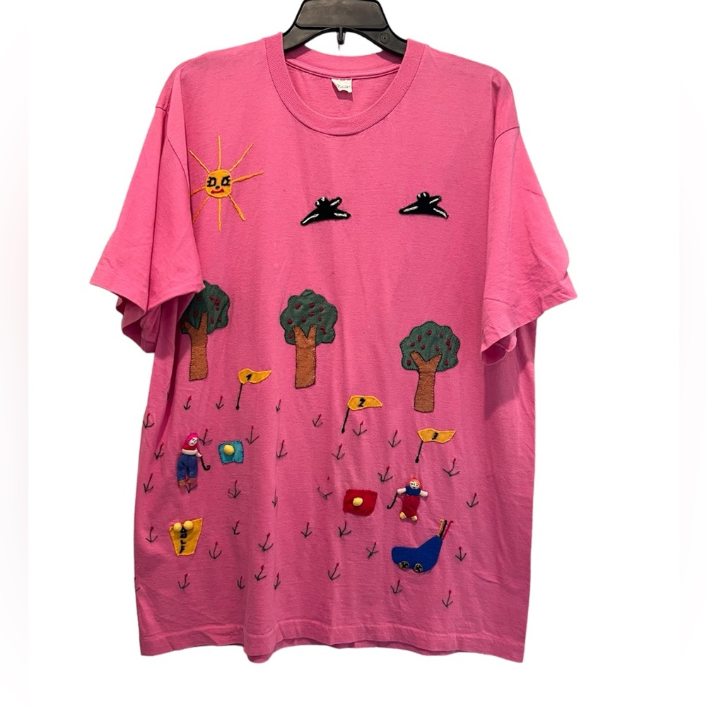Vintage Peru Pink Tee T-Shirt Applique Embroidered Golf Theme Size XXL Cotton
